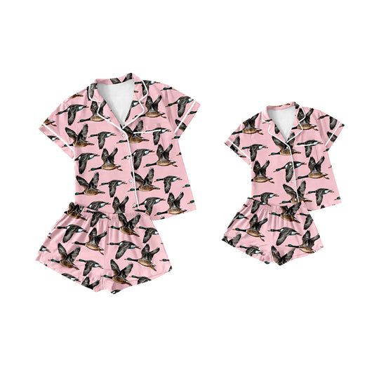 Adult Women  and Baby Girls Pink Ducks Hunting Buttons Top Shorts Pajamas Clothing Sets Preorder