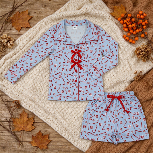 RTS NO MOQ （In stock） GLS0116 milk silk Adult Women Candy Cane Button Pocket Top Shorts Christmas Pajamas Sets