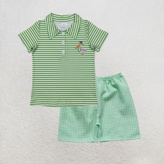 5.15 RTS NO MOQ （In stock）BT1094+SS0078 Short sleeves green stripe pelican kids boys polo shirt outfits