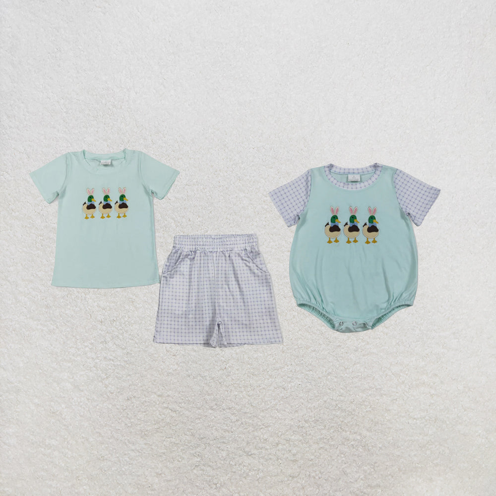 RTS Sibling Short sleeves duck rabbit embroidery kids boys Easter outfits and romper