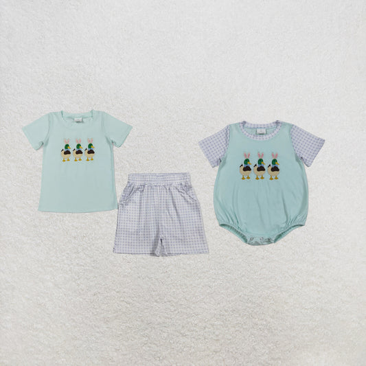 RTS Sibling Short sleeves duck rabbit embroidery kids boys Easter outfits and romper