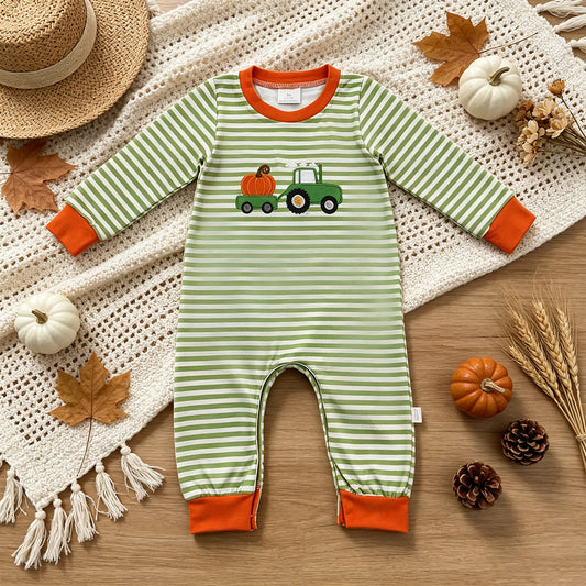LR3036 TS NO MOQ （In stock）milk silk LR3036 Embroidery Baby Boys Farm Green Stripe Pumpkin Truck Long Sleeve Rompers