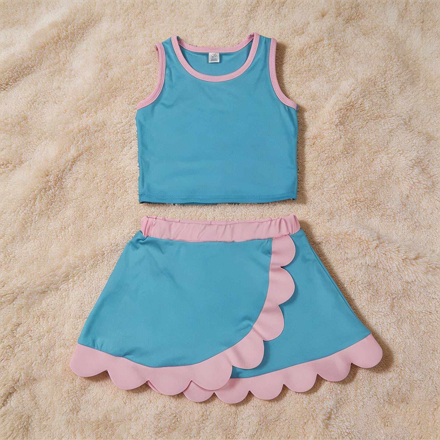 GSD4013 RTS NO MOQ （In stock）Sleeveless aqua pink scallop kids girls active wear set