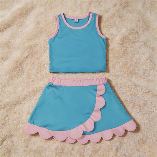 GSD4013 RTS NO MOQ （In stock）Sleeveless aqua pink scallop kids girls active wear set