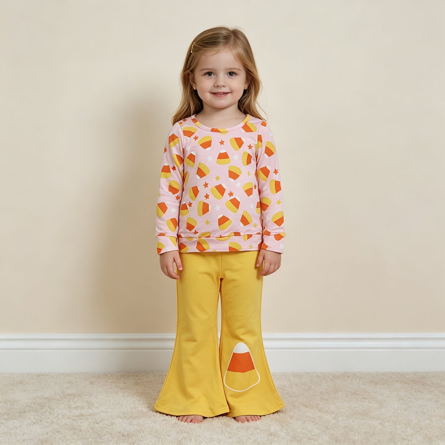 GLP3535 RTS NO MOQ （In stock）milk silk Baby Girls Pink Print Long Sleeve Top Yellow Flare Pants Halloween Casual Outfit