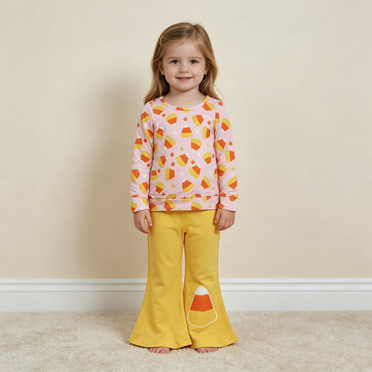 GLP3535 RTS NO MOQ （In stock）milk silk Baby Girls Pink Print Long Sleeve Top Yellow Flare Pants Halloween Casual Outfit