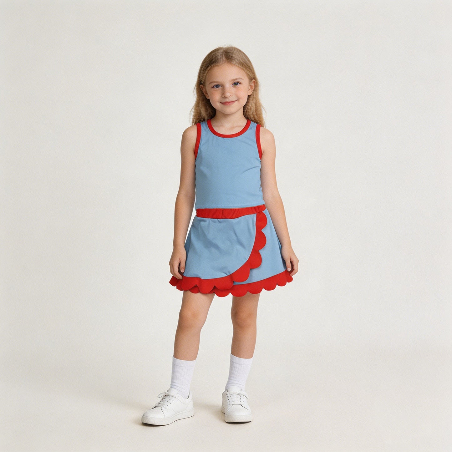 GSD4020 RTS NO MOQ （In stock）Sleeveless light blue orange scallop kids girls active wear set