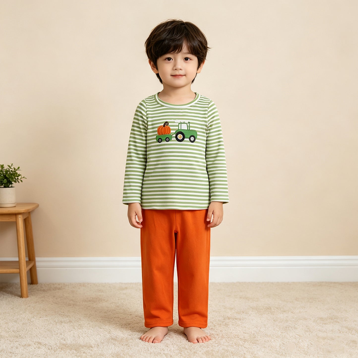 BLP1441 RTS NO MOQ （In stock）milk silk  Embroidery Baby Boys Green Stripe Pumpkin Truck Embroidery Top Pant Fall Holiday Sets