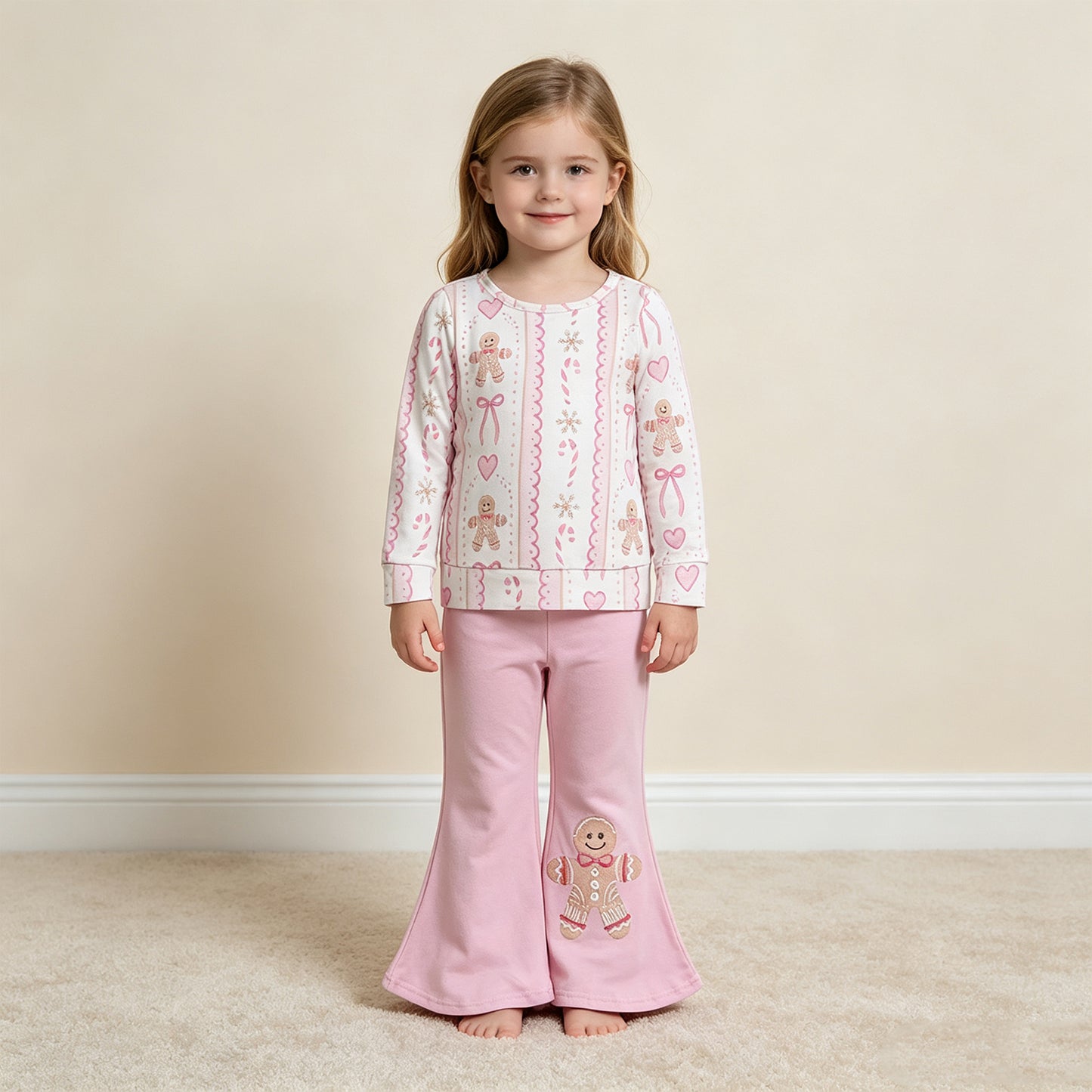 RTS NO MOQ milk silk GLP3540 Baby Girls Pink Gingerbread Candy Cane Bow Print Long Sleeve Top Pink Flare Bell Bottom Pants Christmas Outfit