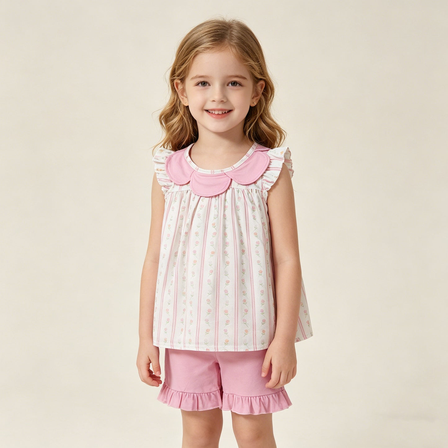 GSSO3363 RTS NO MOQ （In stock ）Flutter sleeves floral tunic pink ruffle shorts girls outfits