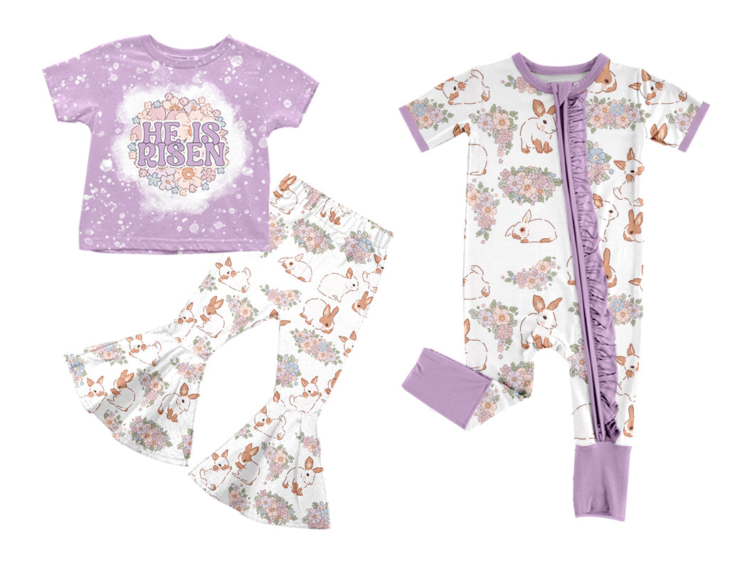 Baby Girls Easter Purple Bunny Flowers Short Sleeve Zipper Bodysuit and Short Sleeve Flare Pants Pre-Order