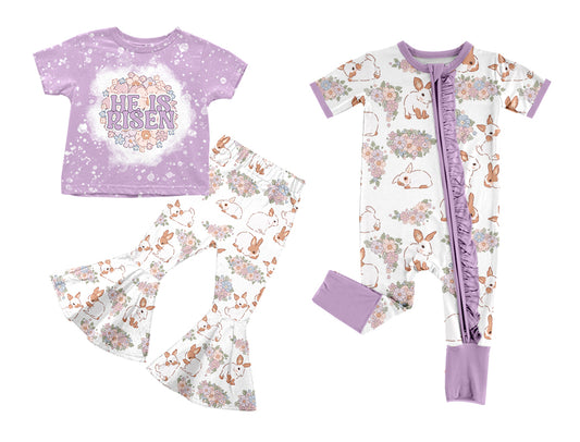 Baby Girls Easter Purple Bunny Flowers Short Sleeve Zipper Bodysuit and Short Sleeve Flare Pants Pre-Order