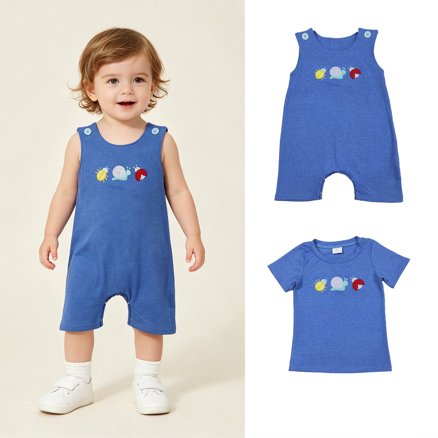 RTS Sibling Blue cotton short sleeves snail embroidery boys shirt and romper