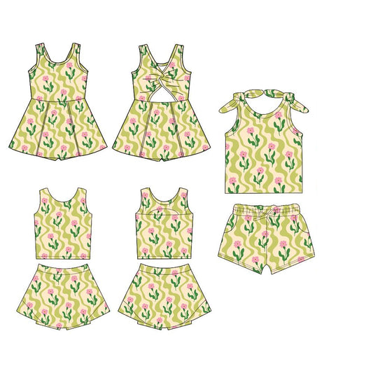 Girls’ Adorable Green-Pink Floral Sleeveless Top Skirt Outfit for Active Moments