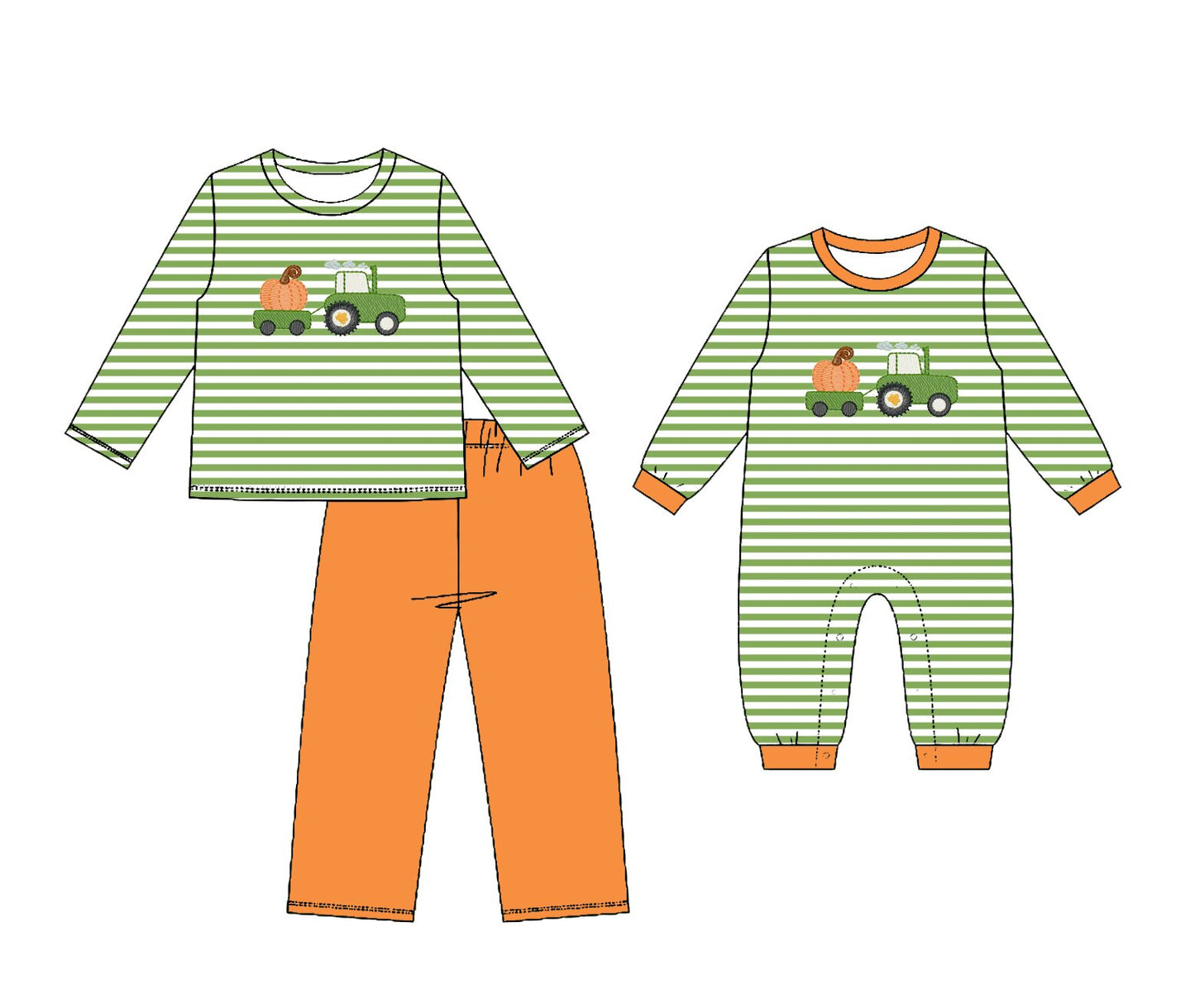 4.23 Pre order No Moq Baby Boys Green Striped Pumpkin Corn Pattern Top Pant Romper Set