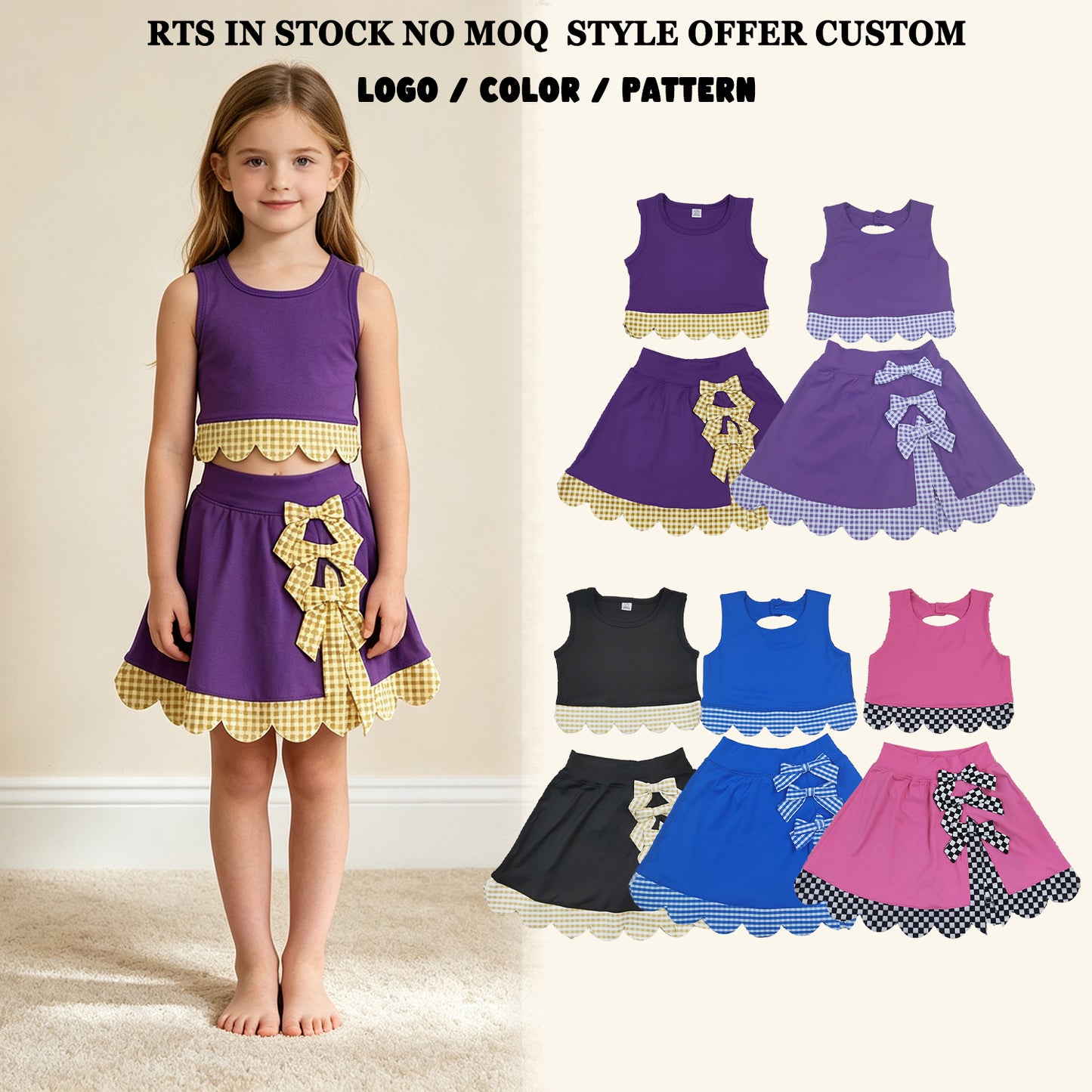 RTS NO MOQ Sibling yoga fabric Baby Girls Vest Bows Skirt Short Yoga Active Scallop Clothes Set Bow Scallop Edge Skort Girls Active Wear