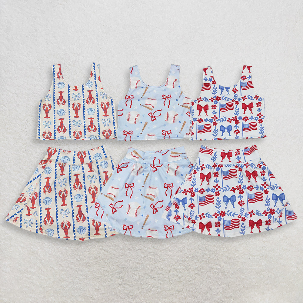 4.11 RTS NO MOQ （In stock ）Sleeveless baseball bow kids girls summer activewear set
