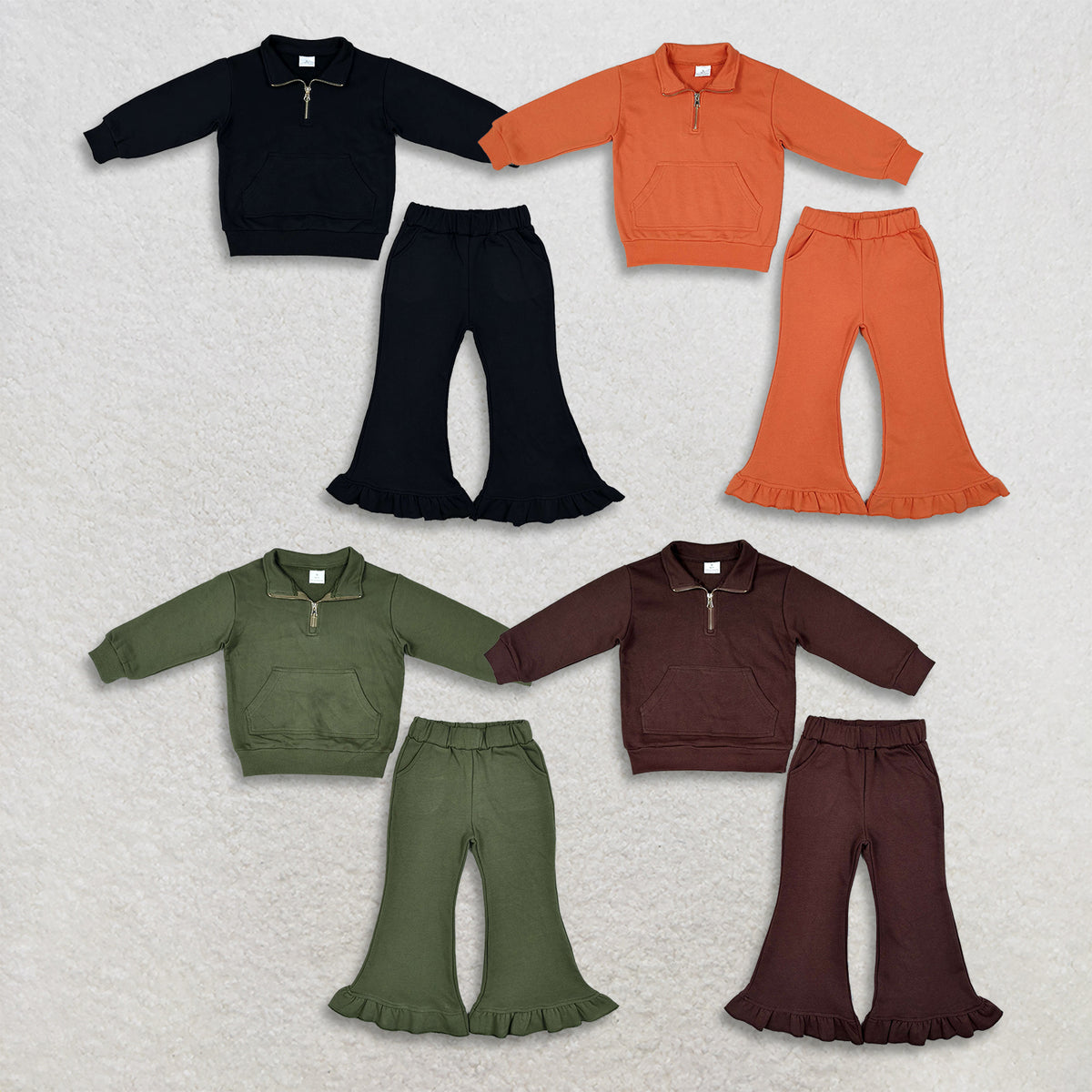 RTS NO MOQ Sibling fleece Baby Girls Fall Solid Pullover Quarter Zip Sweatshirt Ruffle Bell Bottom Outfit