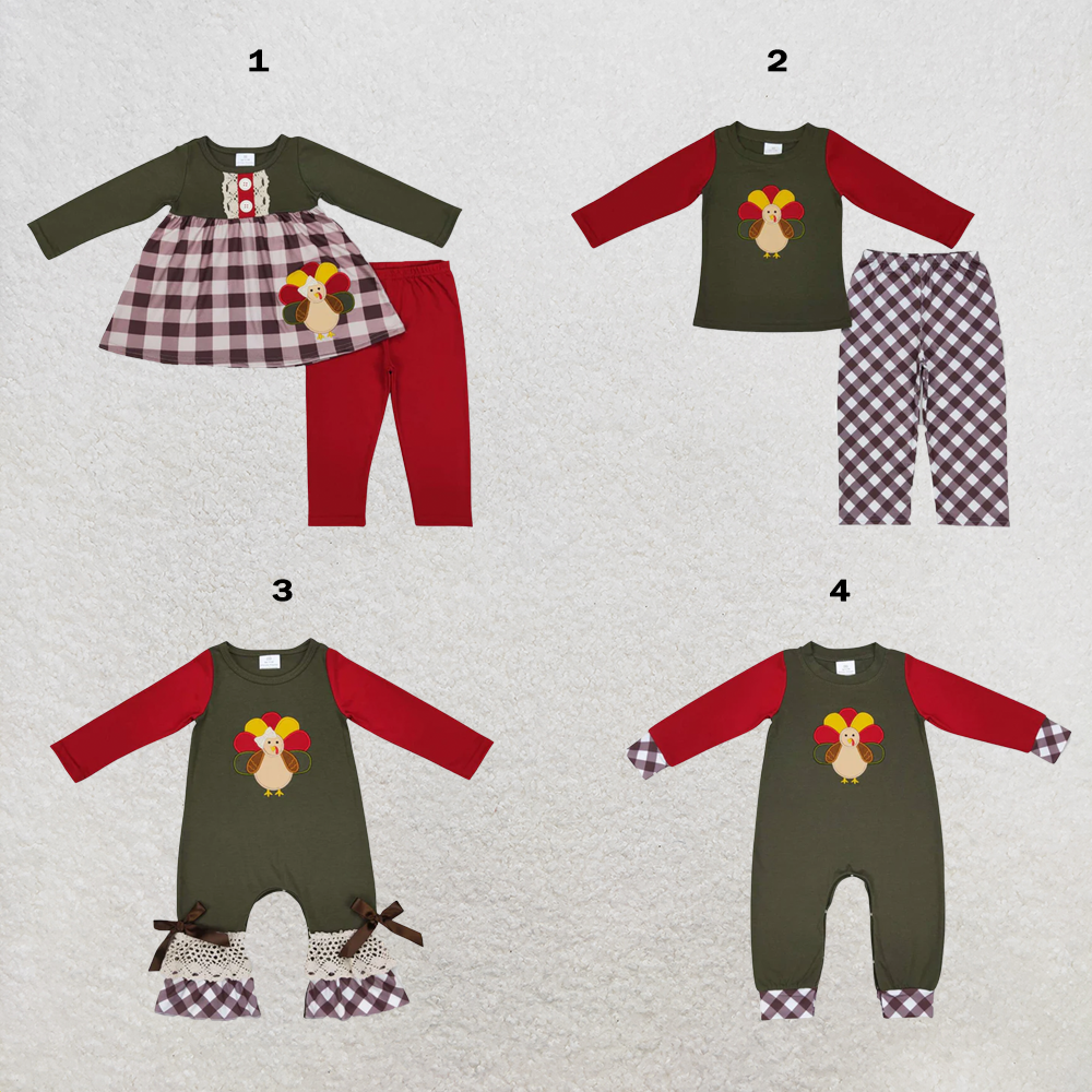 RTS Sibling Baby Kids Embroidery Turkey Thanksgiving Clothes Sets Footie Rompers