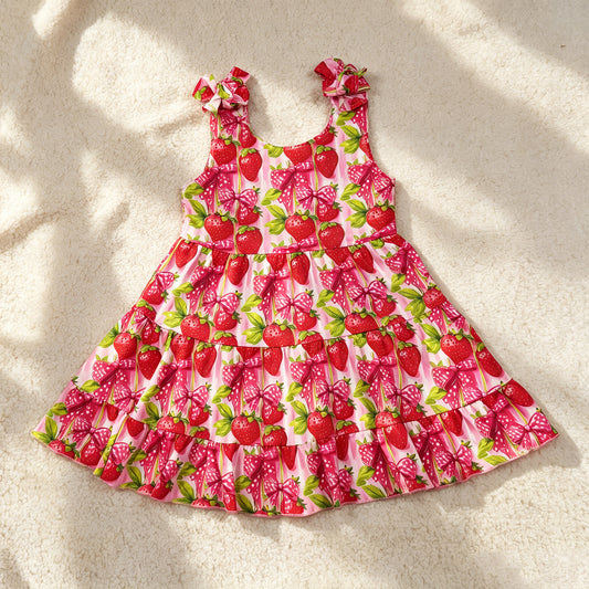 GSD3964 RTS NO MOQ （In stock）Sleeveless strawberry bow kids girls summer dresses