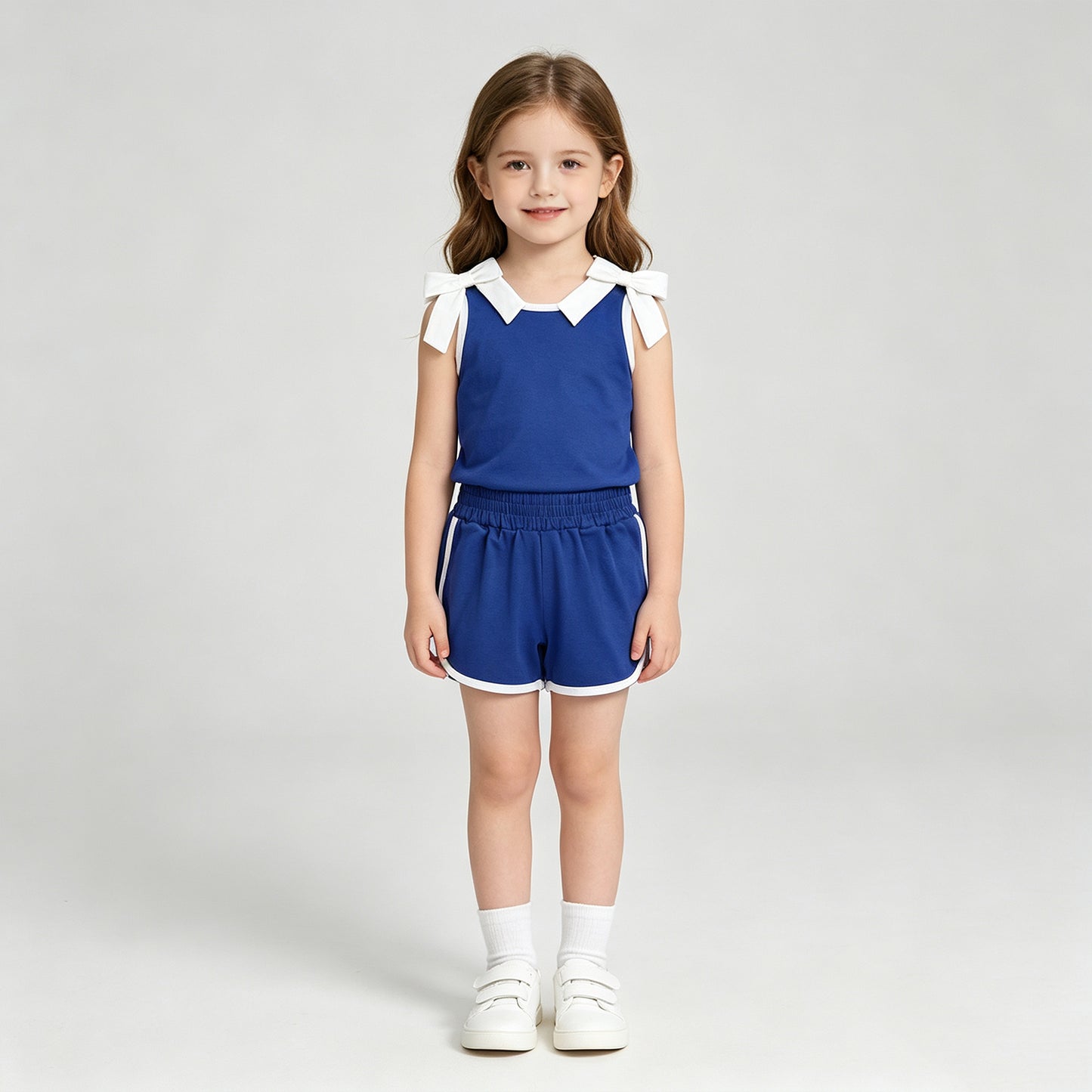 GSSO3824 RTS NO MOQ （In stock）Sleeveless white bow blue top shorts team girls outfits