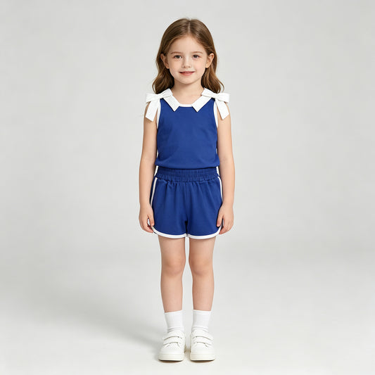 GSSO3824 RTS NO MOQ （In stock）Sleeveless white bow blue top shorts team girls outfits