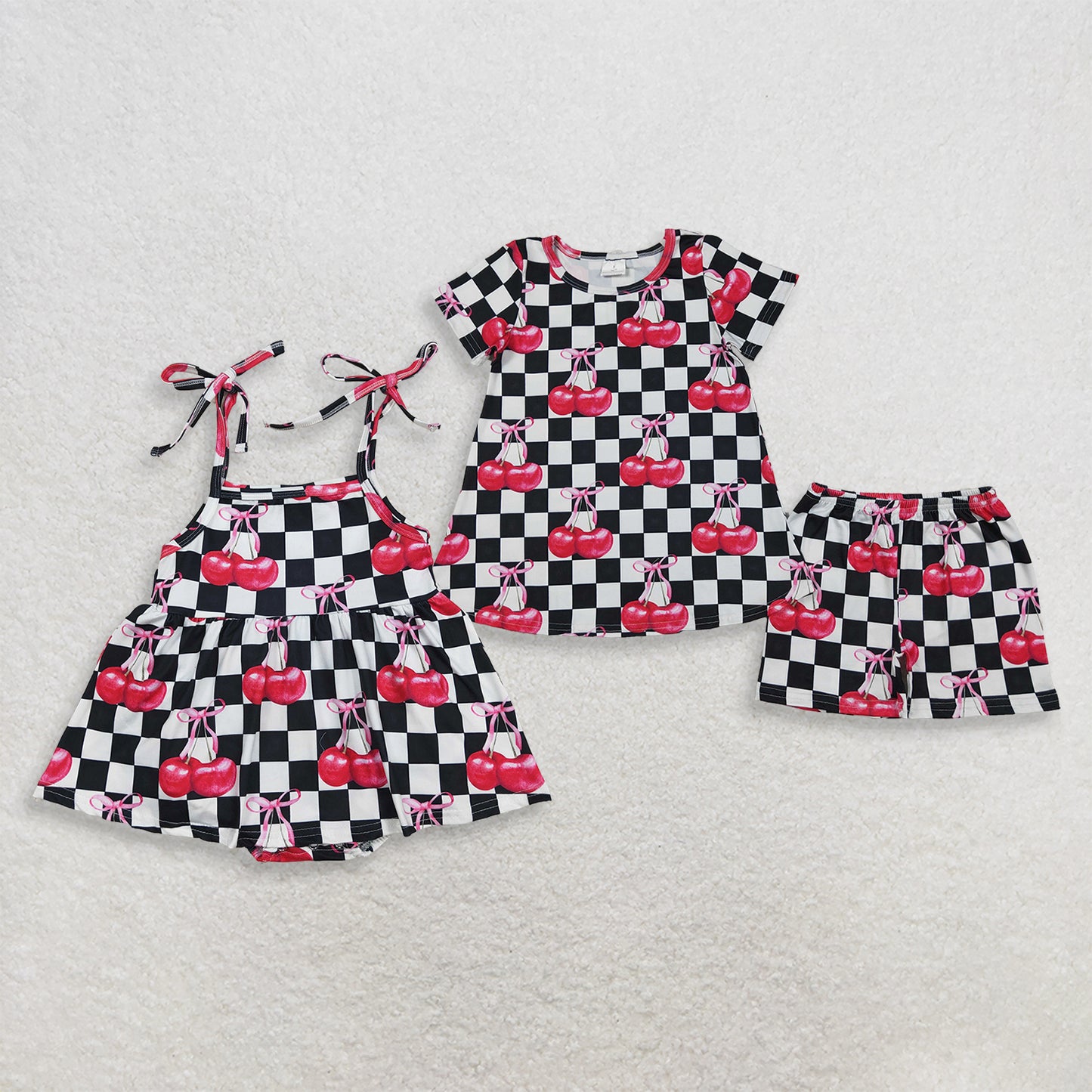 RTS Sibling Short sleeves black plaid cherry top shorts girls outfits and romper