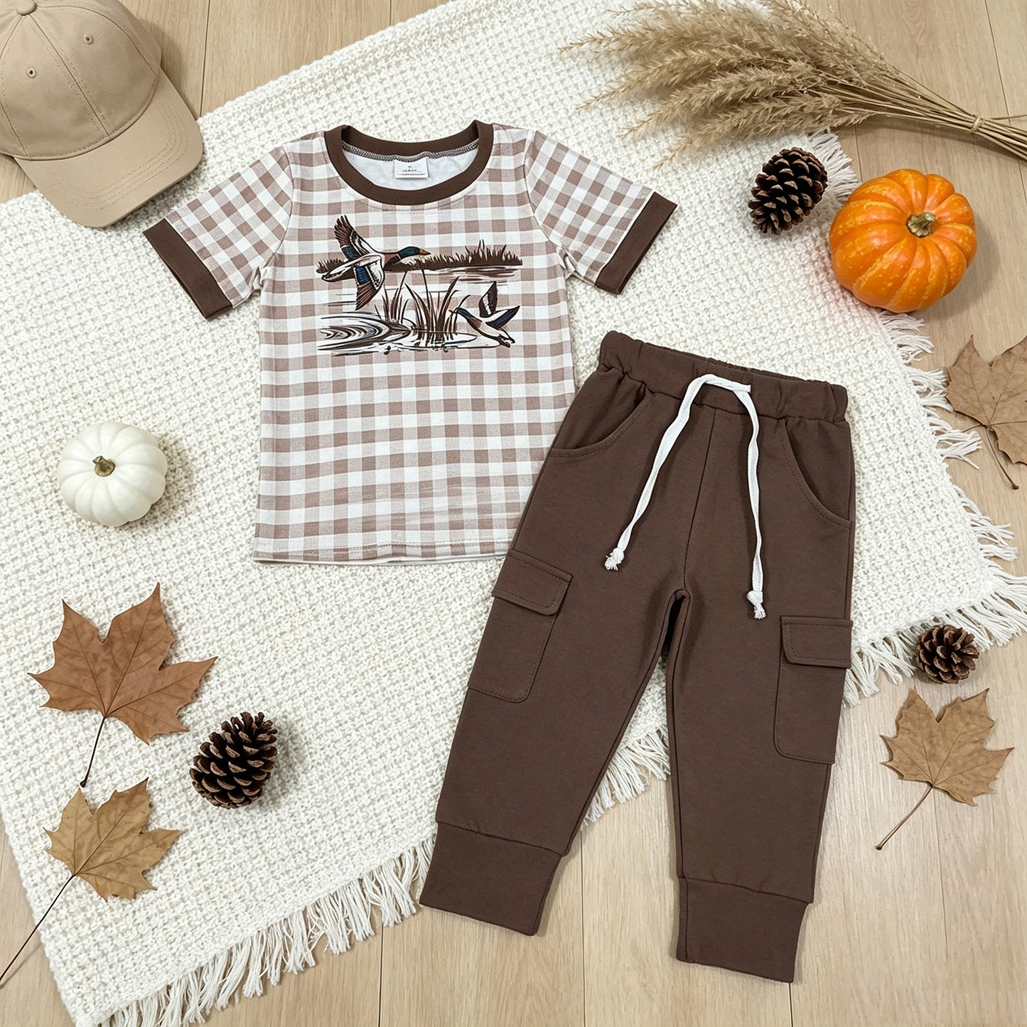 BSPO0689 RTS NO MOQ （In stock）milk silk Baby Boys Brown Checked Duck Print Pocket Long Sleeve Top Jogger Pants Clothes Set