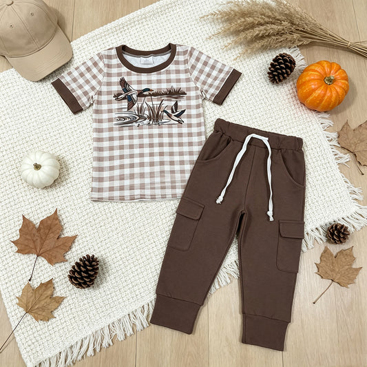 BSPO0689 RTS NO MOQ （In stock）milk silk Baby Boys Brown Checked Duck Print Pocket Long Sleeve Top Jogger Pants Clothes Set