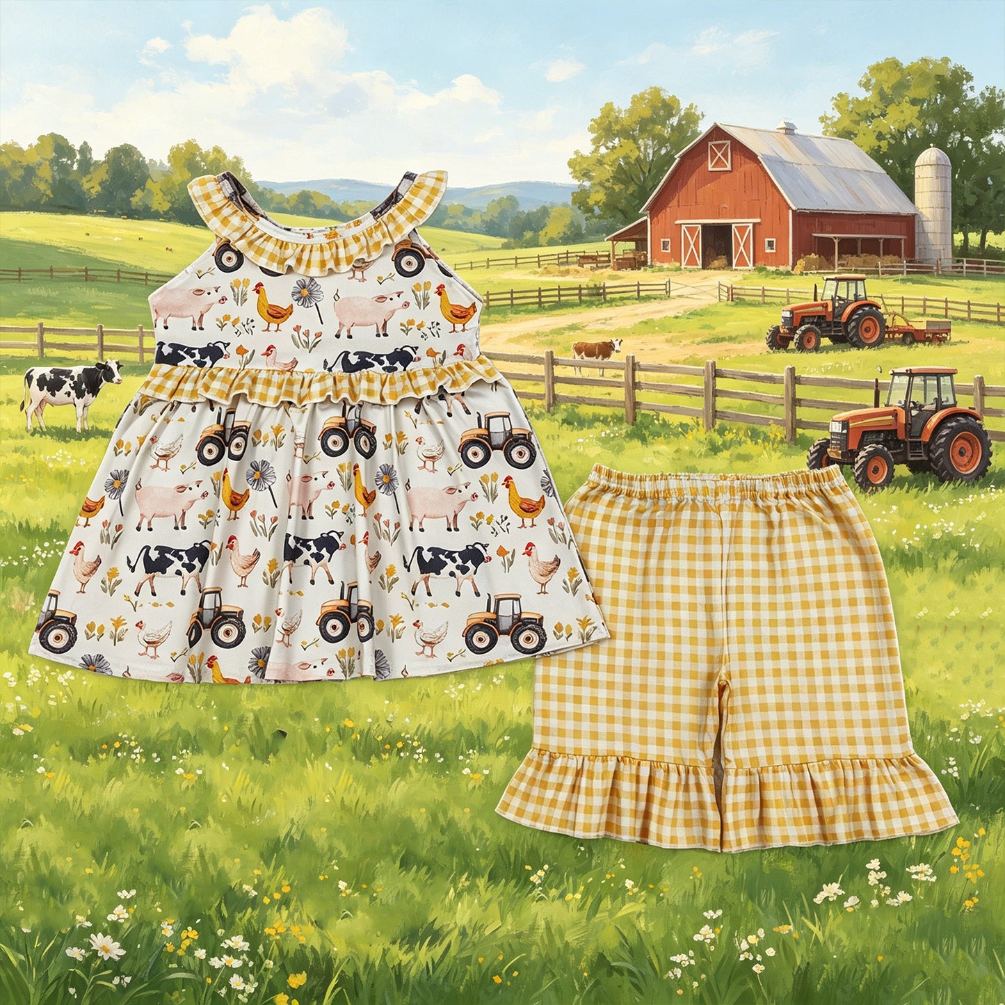GSSO3071 RTS NO MOQ （In stock ）Sleeveless farm ruffle tunic yellow plaid shorts girls outfits