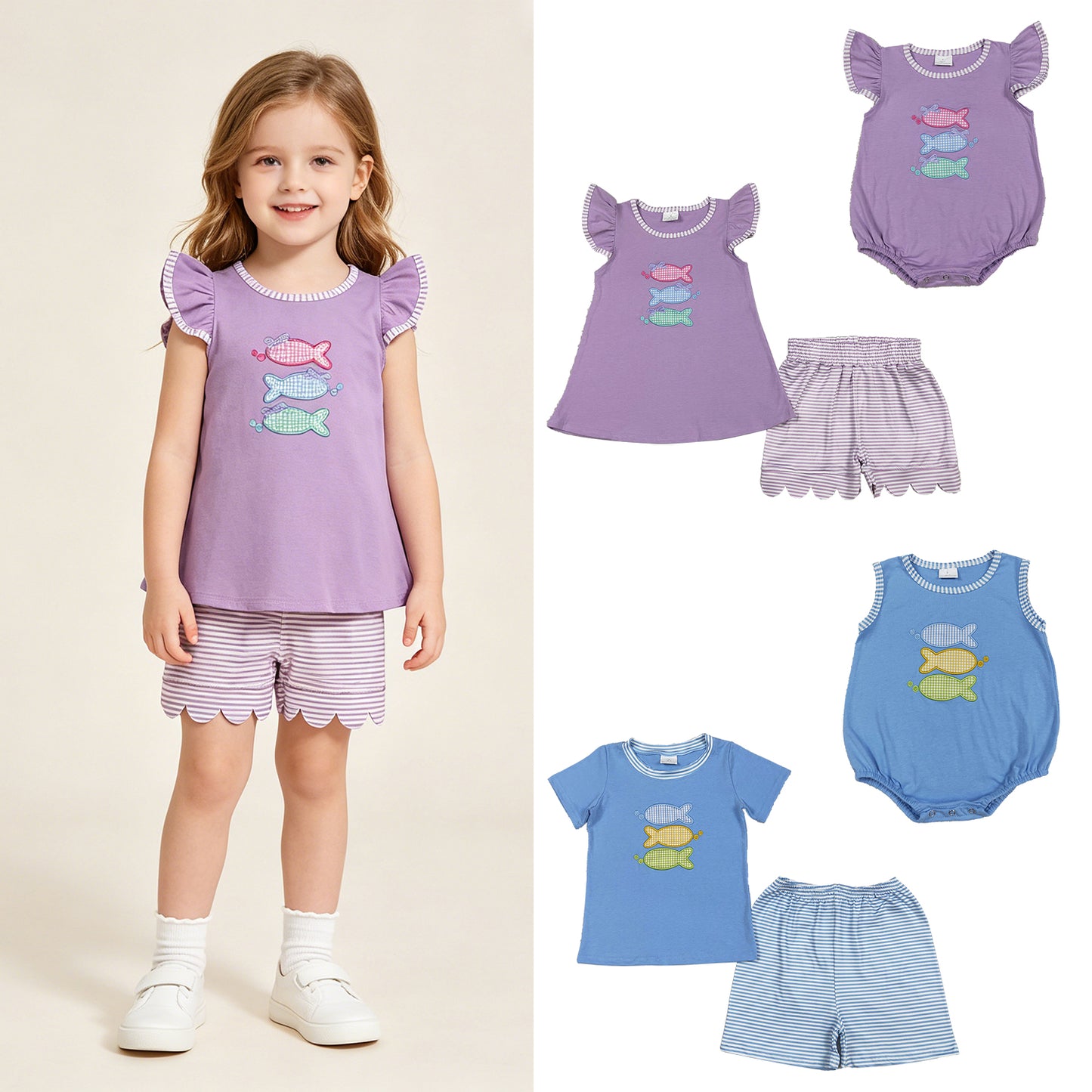 RTS Sibling Short sleeves fish top plaid shorts kids outfits and romper