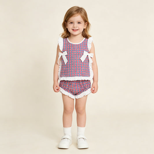 GBO0527 RTS NO MOQ （In stock）Ruffle red blue plaid baby girls 4th of july bummies set
