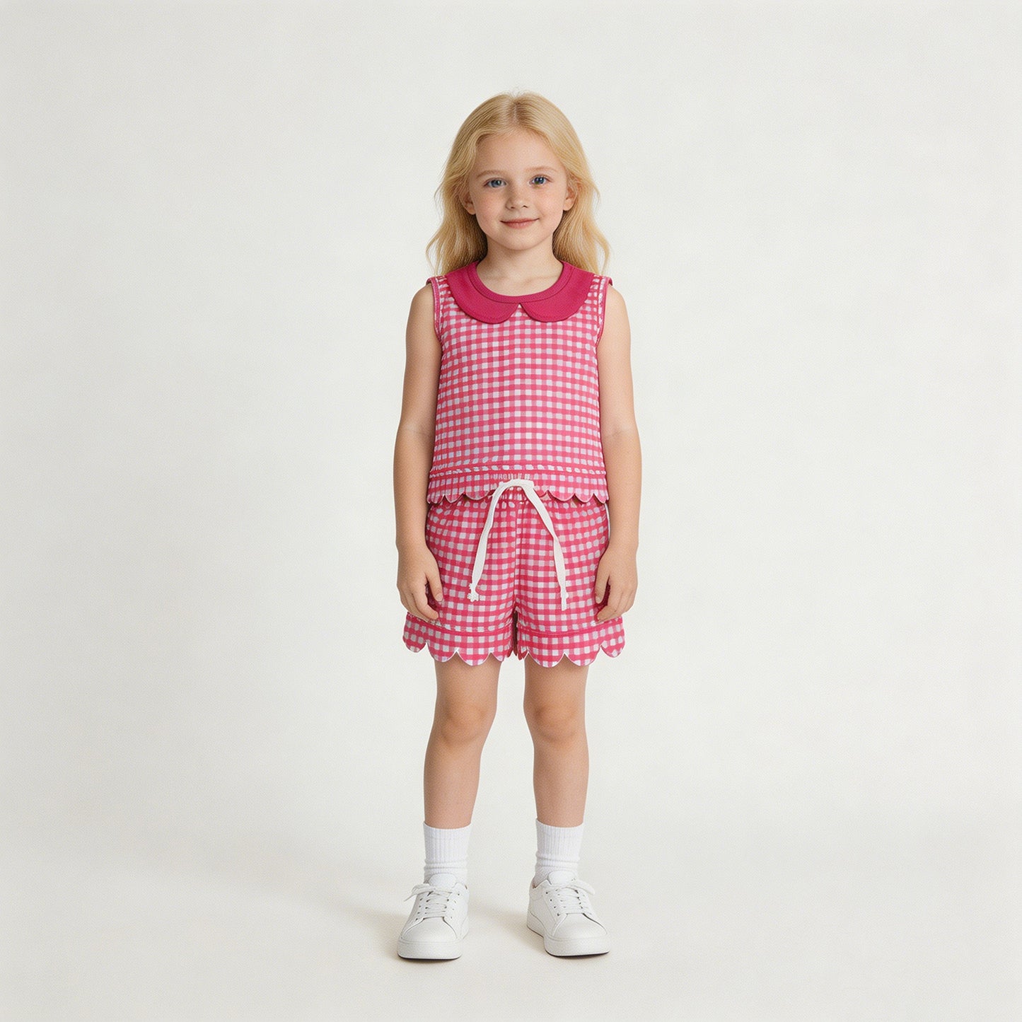 GSSO3395 RTS NO MOQ （In stock）Sleeveless hot pink plaid scallop top shorts girls outfits