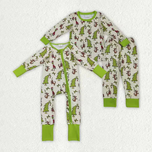 9.29 RTS Sibling Baby Kids Green Face Christmas Trees Pajams Sets Zipper Footie Rompers