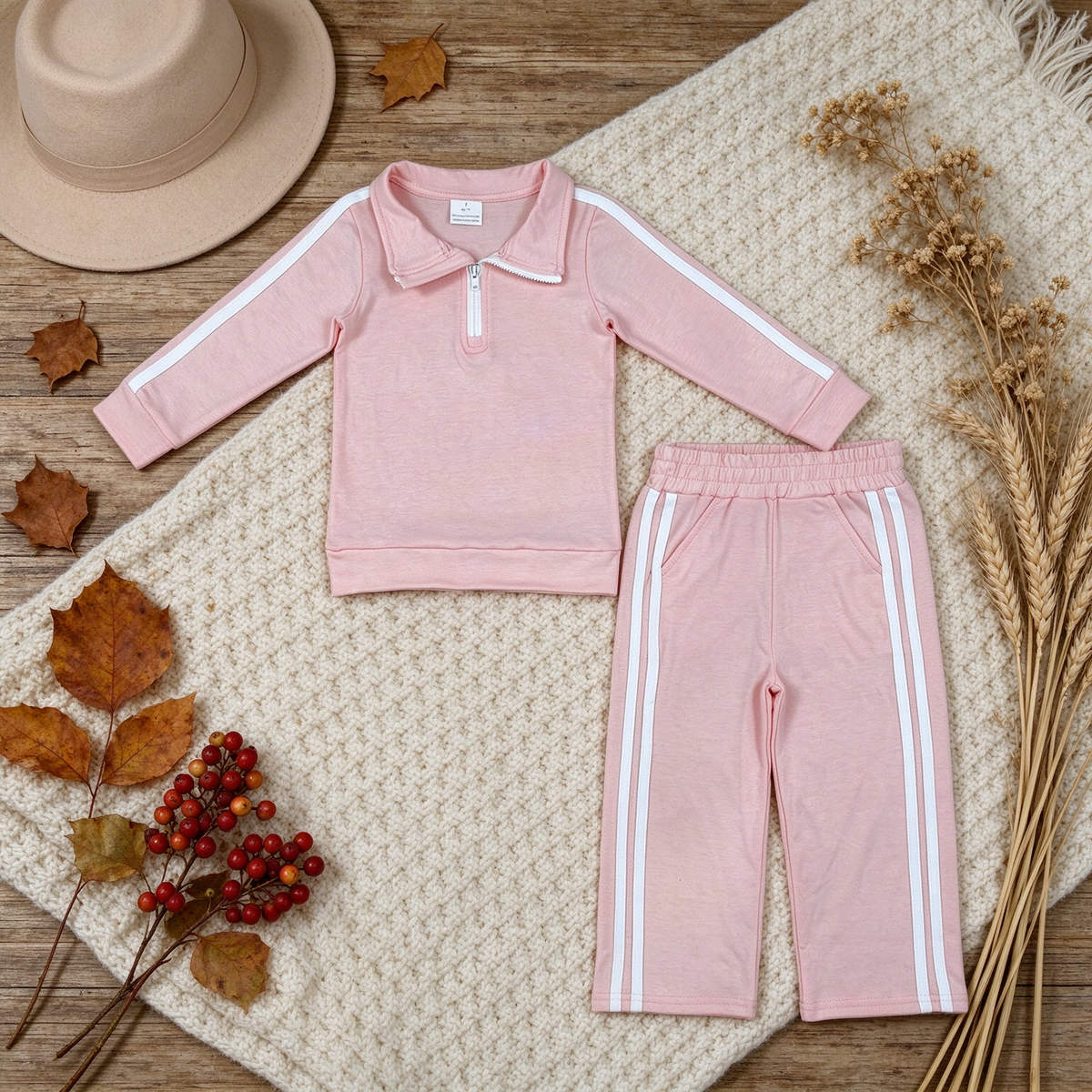 RTS NO MOQ （In stock）cotton GLP3860 Baby Girls Pink Long Sleeve Zip Pullovers Pockets Pant Cotton Casual Set