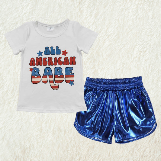 New Rts No Moq 8-9 Days By Air Arrived it Baby Girl Summer Outfit Letter White Short Sleeve Top with Blue Leather Shorts - Cute And Trendy Hot Sale Children's Clothing