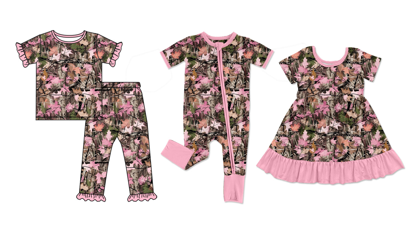 4.21 Pre order No Moq Baby Girls Short Sleeve Pink Leaves Camo Top Ruffle Pant Pajamas Sets dress and romper