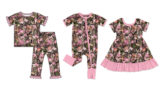 4.21 Pre order No Moq Baby Girls Short Sleeve Pink Leaves Camo Top Ruffle Pant Pajamas Sets dress and romper