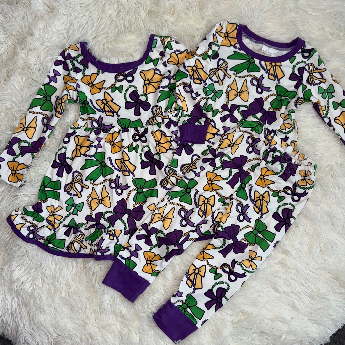 11.24 RST Sibling Baby Girls Mardigras Bows Plaid Pants Pajamas Sets Ruffle Knee Length Dress
