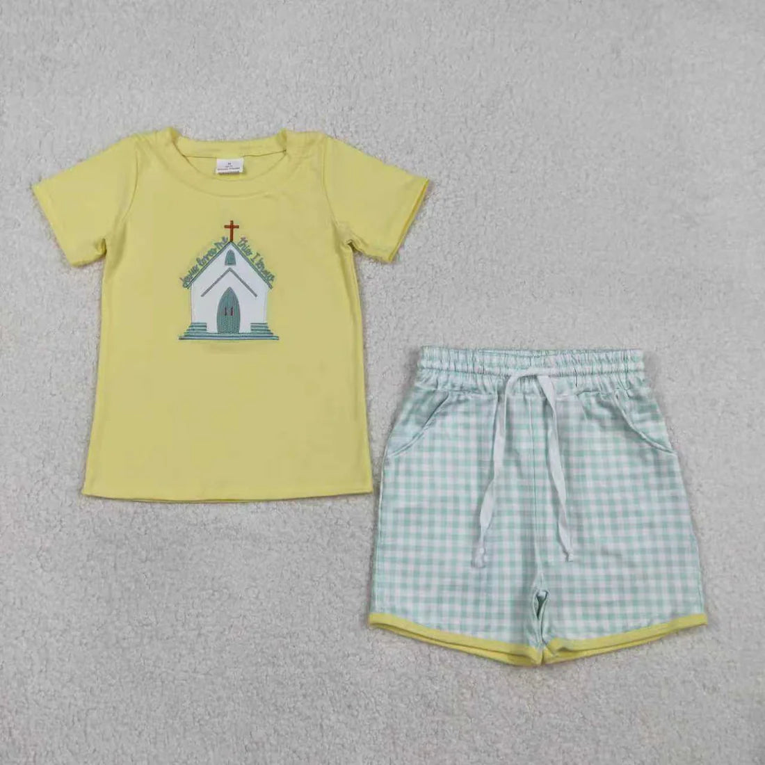 1.17 RTS Sibling Baby Kids Embroidery Church Cross Top Checked Shorts Clothes Set Rompers