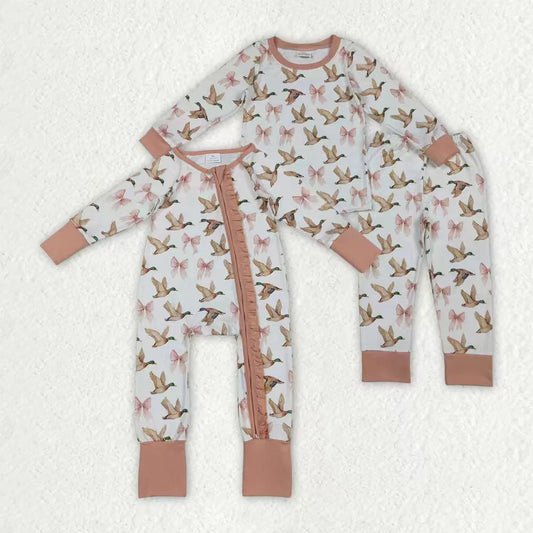 10.2 RTS Sibling Baby Girls Pink Bows Ducks Plaid Top Pants Pajamas Sets Ruffle Zipper Footie Rompers