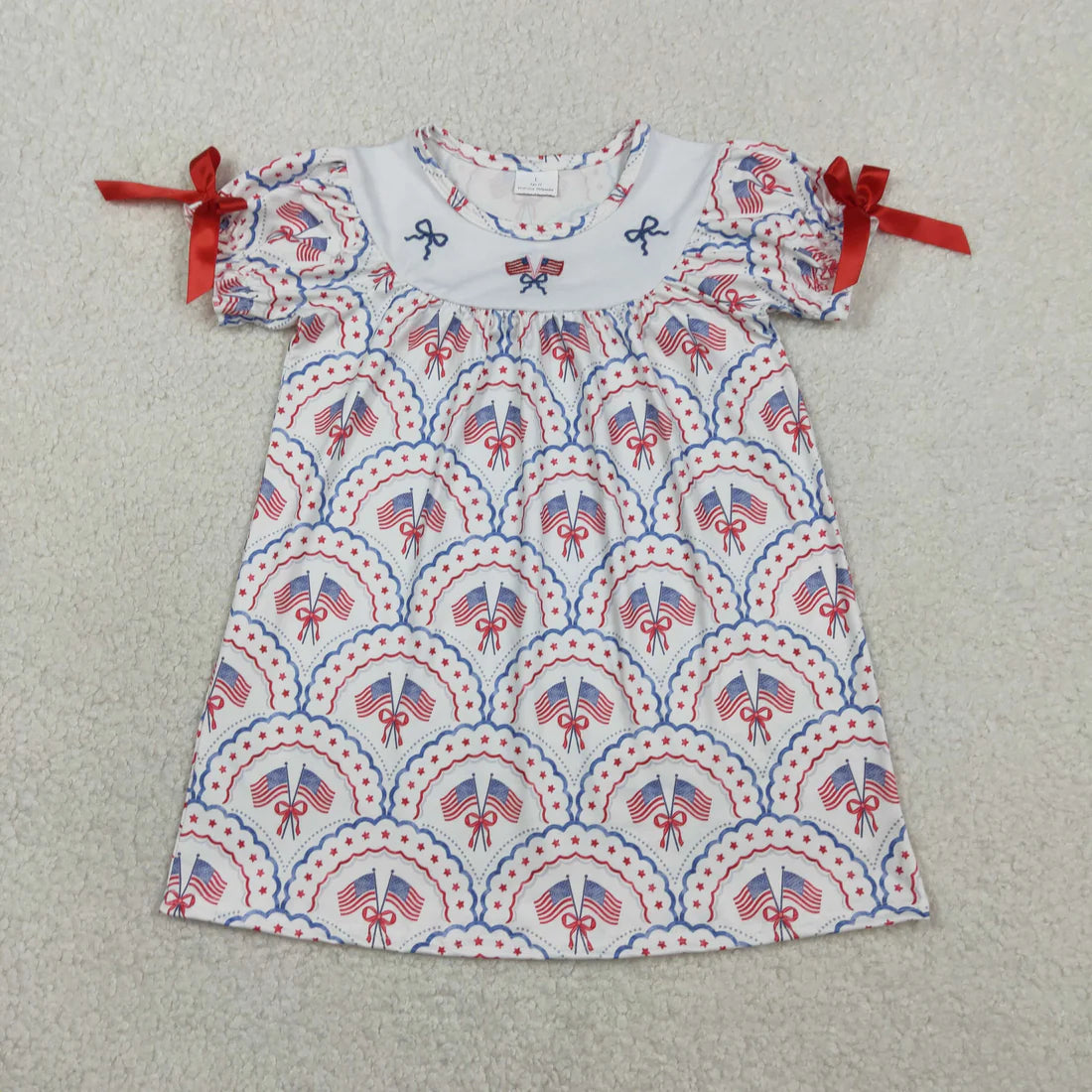 3.20 RTS Sibling Baby Girls Embroidery Bow Flags Checked 4th of July Knee Length Dress Rompers