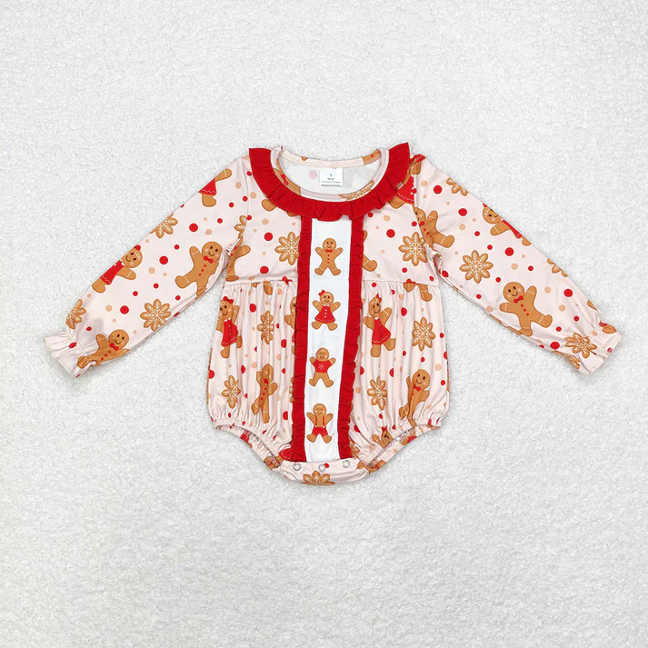Baby Girls Christmas Gingerbread Bear Red Lace Climbing Suit & Lace Long Sleeve Pants Set