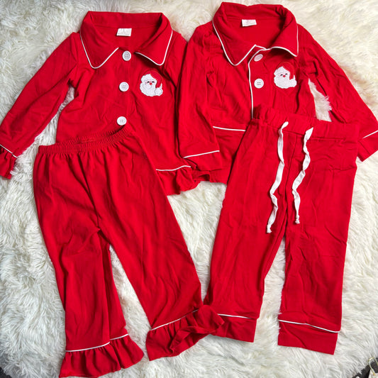 12.5 RST Sibling Baby Kids Embroidery Santa Trees Button Top Pants Christmas Pajamas Sets