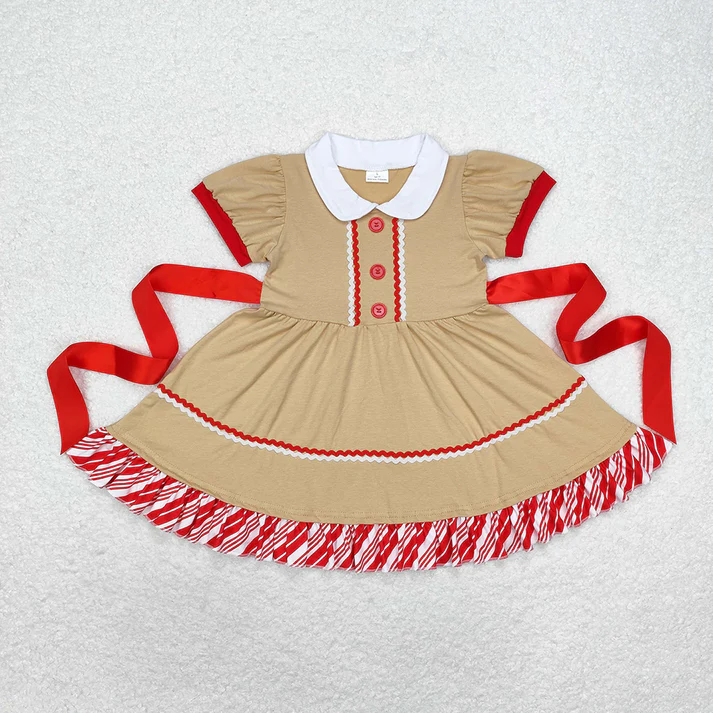 Red Striped Skirt Khaki Baby Collar Button Short Sleeve Dress & Short Sleeve Thong Set