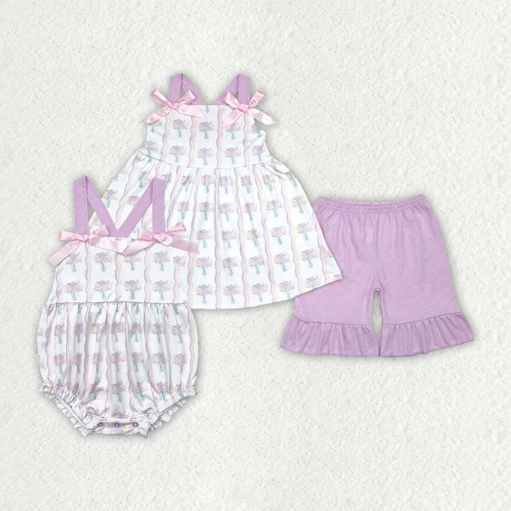 11.10 RTS Sibling Baby Girls Lavender Strap Floral Stripe Tunic Ruffle Shorts Sets Rompers