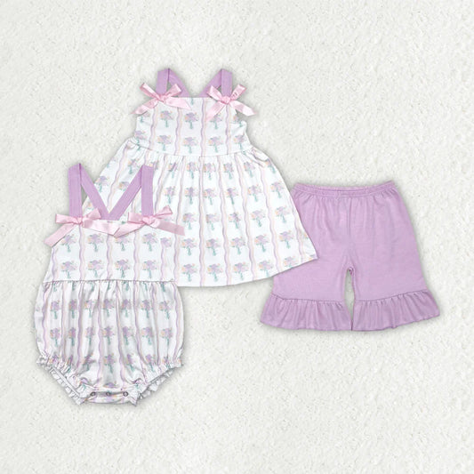 11.10 RTS Sibling Baby Girls Lavender Strap Floral Stripe Tunic Ruffle Shorts Sets Rompers