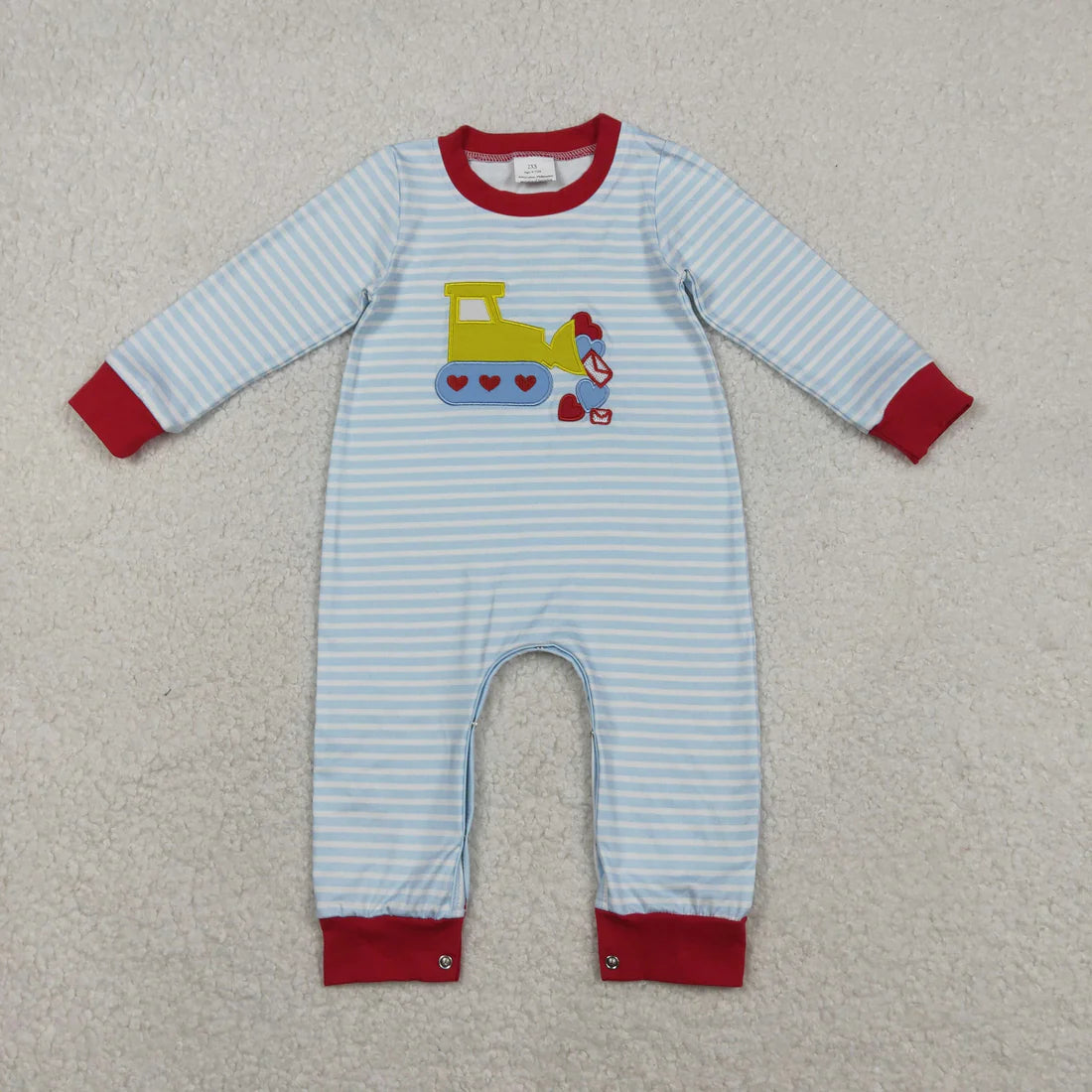 11.22 RTS Sibling Baby Boys Embroidery Hearts Excavators Stripe Pants Valentines Clothes Set Footie Rompers