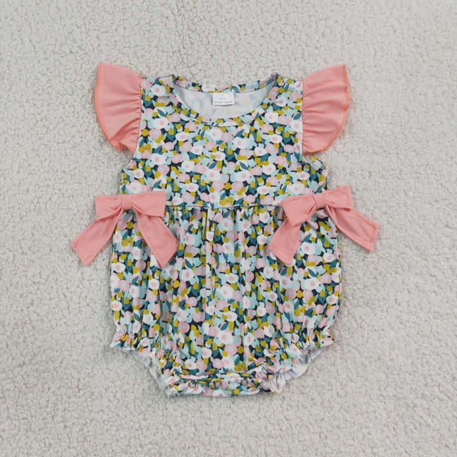 SR4125 RTS NO MOQ （In stock）Baby Girls Flutter Sleeve Colorful Flowers Ruffle Rompers