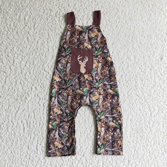 Baby Boys and Girls Brown Dry Leaves and Branches Overalls with Embroidered Christmas Elk